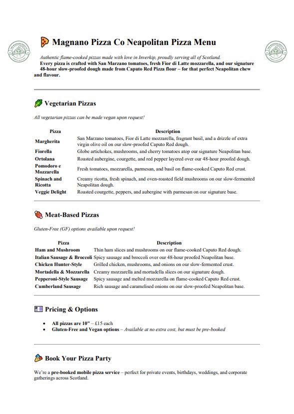 Magnano Pizza Co Neapolitan Pizza Menu